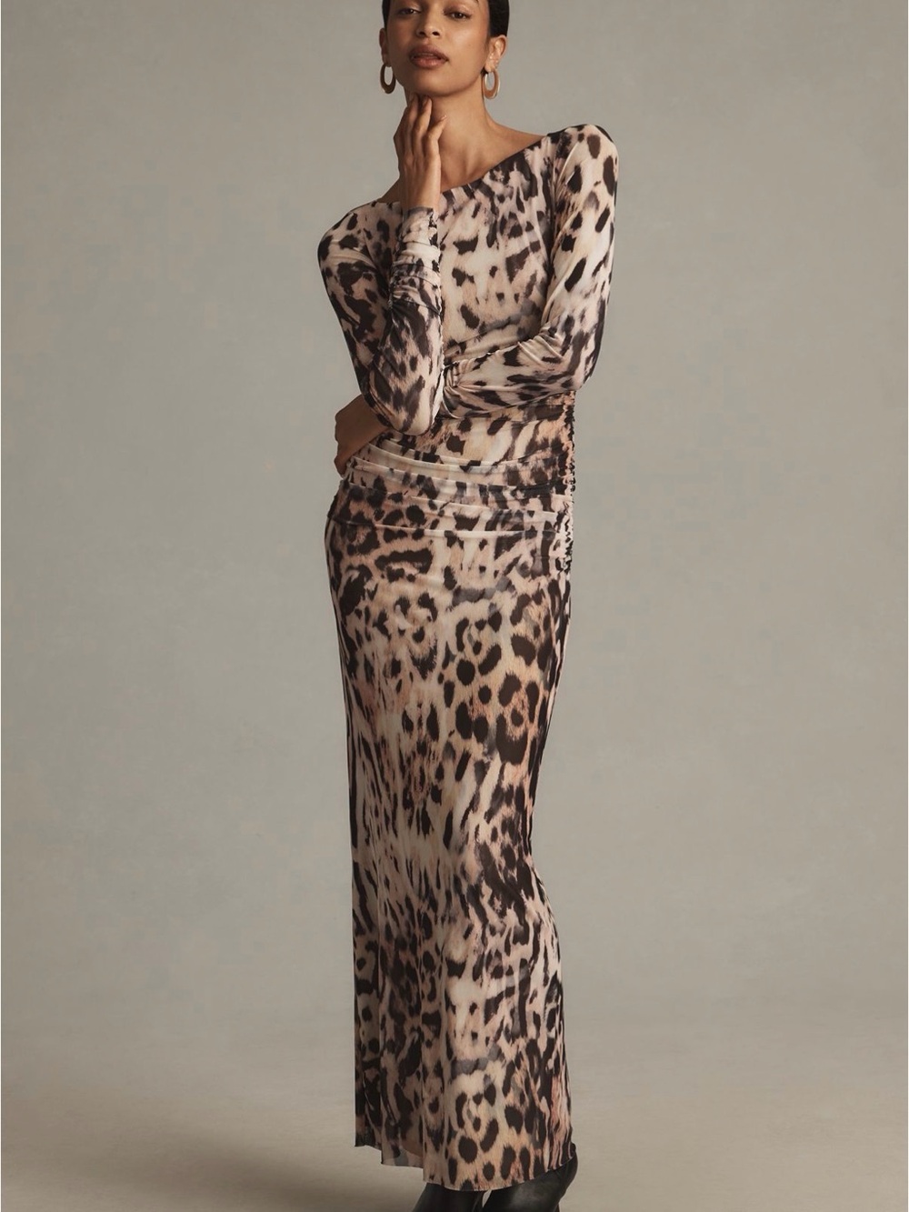 AFRM Leopard Print Long Sleeve Maxi Dress - Beige & Brown